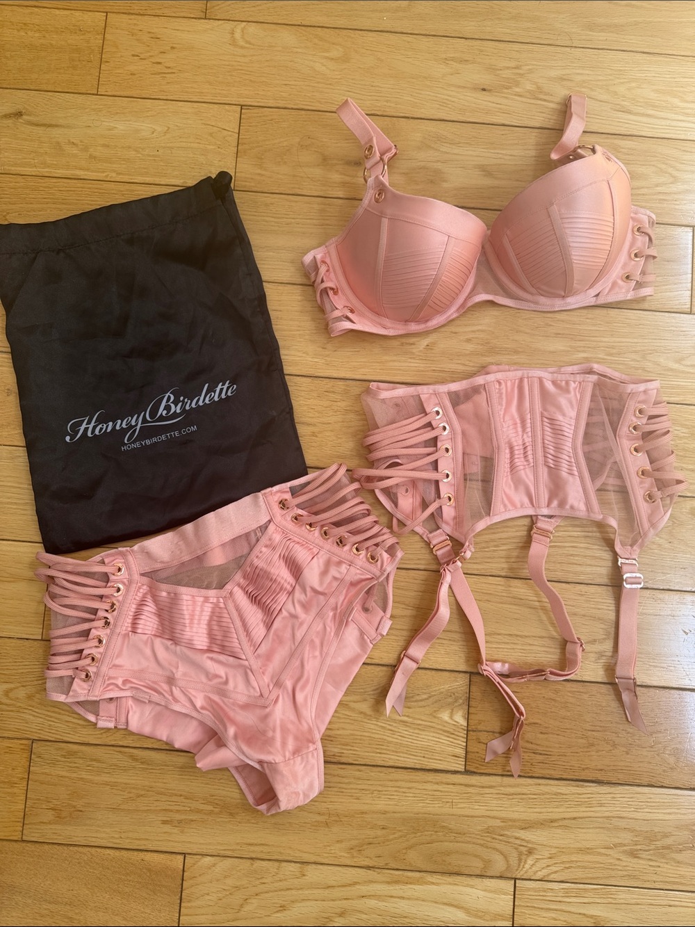 Honey Birdette Jerry Pink Satin & Lace Three-Piece Lingerie Set - 34D